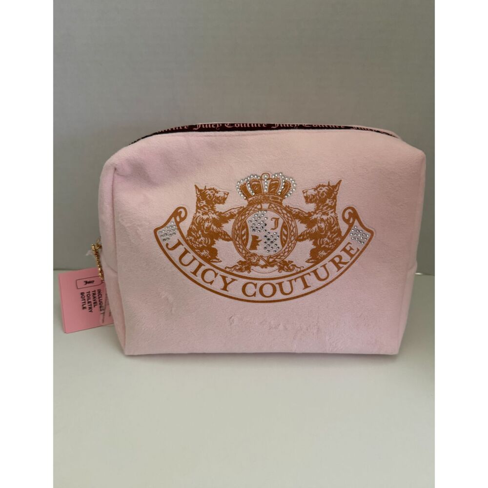 Juicy Couture Pink Velour Travel Cosmetic Bag Toiletry Bottle NWT Rhinestone